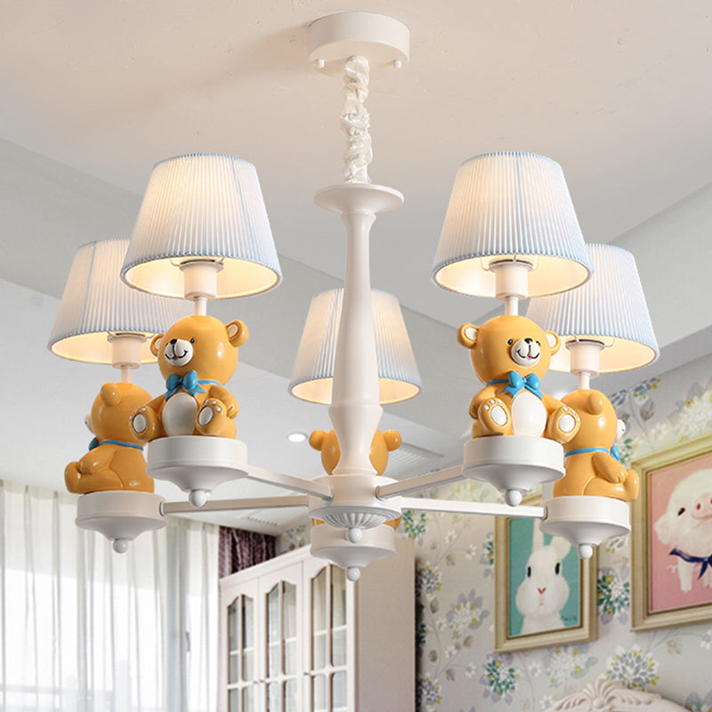 Pleated Fabric Tapered Chandelier Cartoon 3/5-Bulb White Hanging Lamp with Bear Decoration 5 White Clearhalo 'Ceiling Lights' 'Chandeliers' Lighting' options 863549_88b9a899-520e-4aeb-abe5-a858c48c7c5c