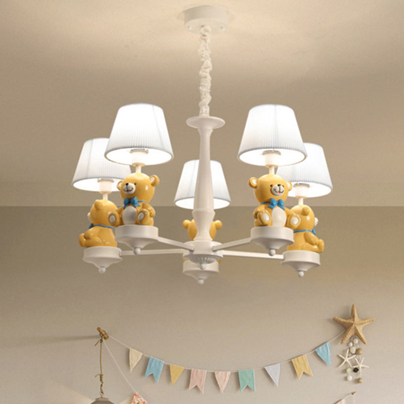 Pleated Fabric Tapered Chandelier Cartoon 3/5-Bulb White Hanging Lamp with Bear Decoration Clearhalo 'Ceiling Lights' 'Chandeliers' Lighting' options 863550