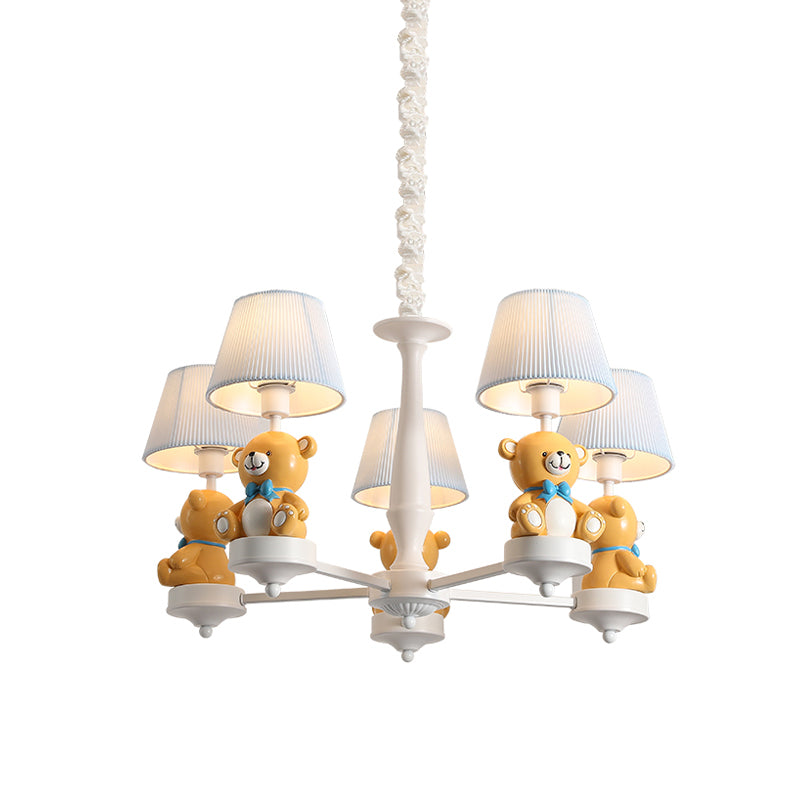 Pleated Fabric Tapered Chandelier Cartoon 3/5-Bulb White Hanging Lamp with Bear Decoration Clearhalo 'Ceiling Lights' 'Chandeliers' Lighting' options 863551