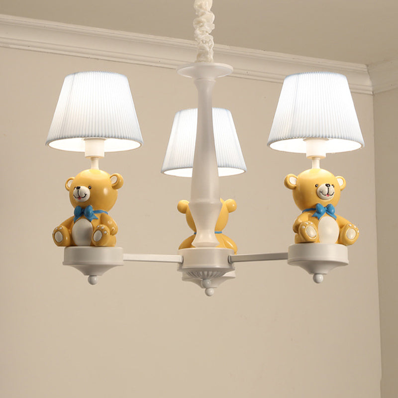 Pleated Fabric Tapered Chandelier Cartoon 3/5-Bulb White Hanging Lamp with Bear Decoration Clearhalo 'Ceiling Lights' 'Chandeliers' Lighting' options 863553