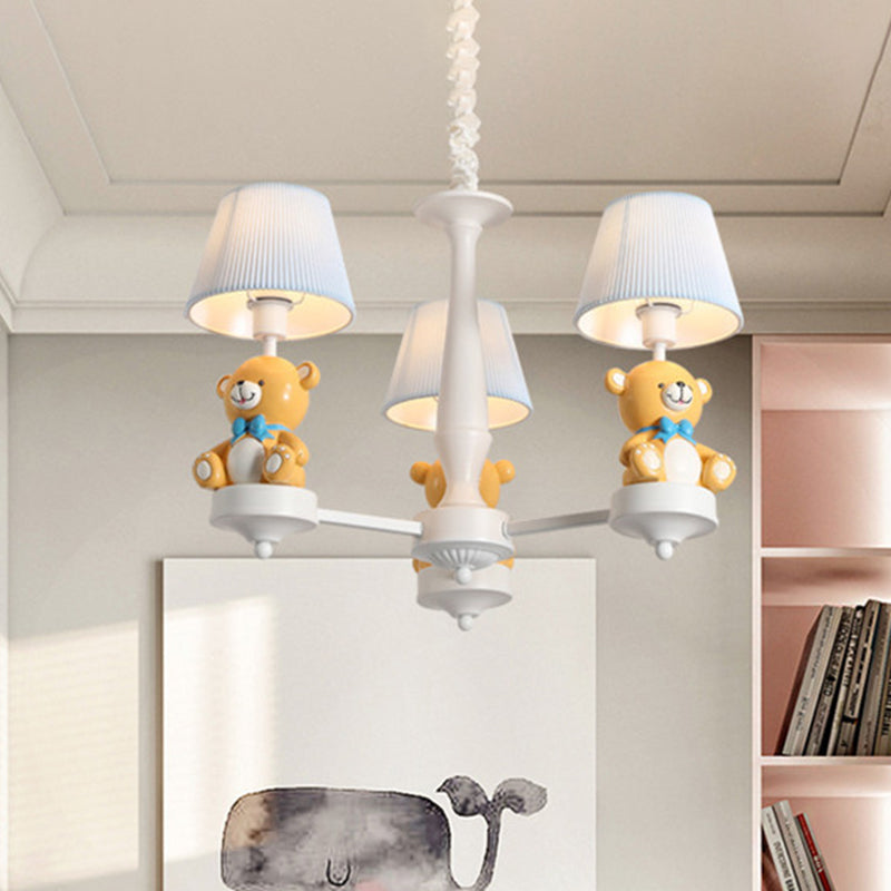 Pleated Fabric Tapered Chandelier Cartoon 3/5-Bulb White Hanging Lamp with Bear Decoration Clearhalo 'Ceiling Lights' 'Chandeliers' Lighting' options 863554