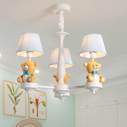 Pleated Fabric Tapered Chandelier Cartoon 3/5-Bulb White Hanging Lamp with Bear Decoration Clearhalo 'Ceiling Lights' 'Chandeliers' Lighting' options 863555