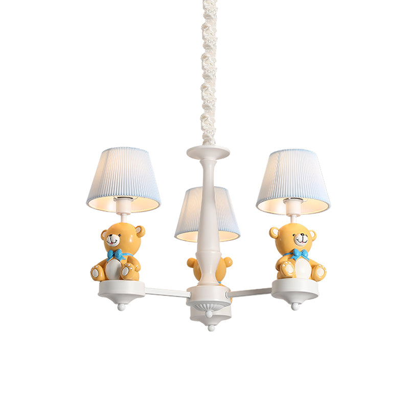 Pleated Fabric Tapered Chandelier Cartoon 3/5-Bulb White Hanging Lamp with Bear Decoration Clearhalo 'Ceiling Lights' 'Chandeliers' Lighting' options 863556