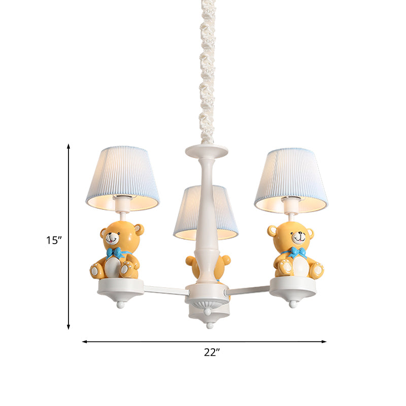 Pleated Fabric Tapered Chandelier Cartoon 3/5-Bulb White Hanging Lamp with Bear Decoration Clearhalo 'Ceiling Lights' 'Chandeliers' Lighting' options 863557