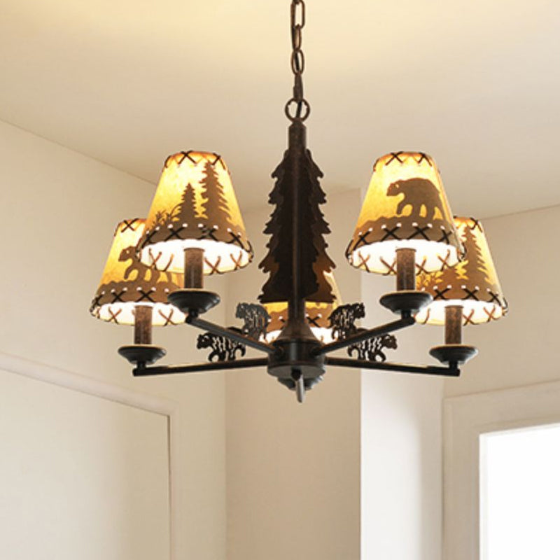 Bear and Forest Print Fabric Chandelier Nordic 5 Heads Black Pendant Ceiling Light with Cone Shade Clearhalo 'Ceiling Lights' 'Chandeliers' Lighting' options 863558