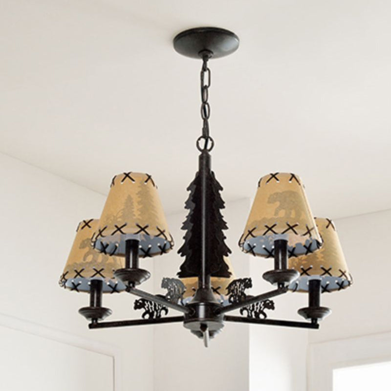 Bear and Forest Print Fabric Chandelier Nordic 5 Heads Black Pendant Ceiling Light with Cone Shade Clearhalo 'Ceiling Lights' 'Chandeliers' Lighting' options 863559