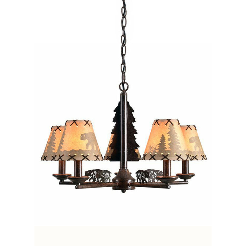 Bear and Forest Print Fabric Chandelier Nordic 5 Heads Black Pendant Ceiling Light with Cone Shade Clearhalo 'Ceiling Lights' 'Chandeliers' Lighting' options 863560