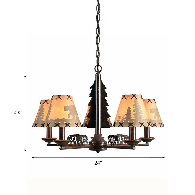 Bear and Forest Print Fabric Chandelier Nordic 5 Heads Black Pendant Ceiling Light with Cone Shade Clearhalo 'Ceiling Lights' 'Chandeliers' Lighting' options 863561