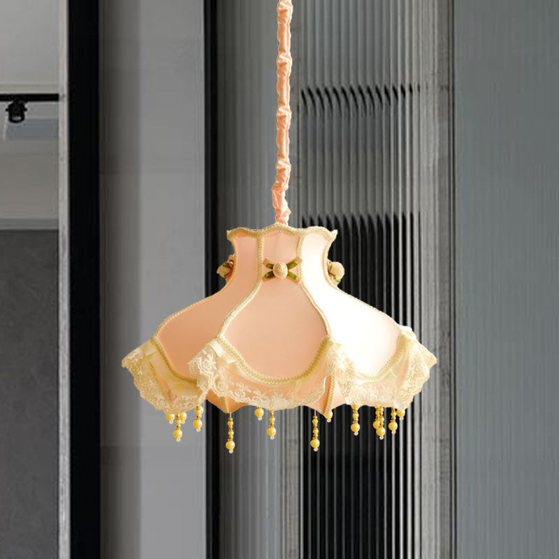 Princess Dress Fabric Hanging Light Kid 1 Head White/Pink Ceiling Pendant with Lace Flounce-Trim Pink Clearhalo 'Ceiling Lights' 'Pendant Lights' 'Pendants' Lighting' 863607_1eda89fd-d967-4ace-a68b-1e2346814c0a