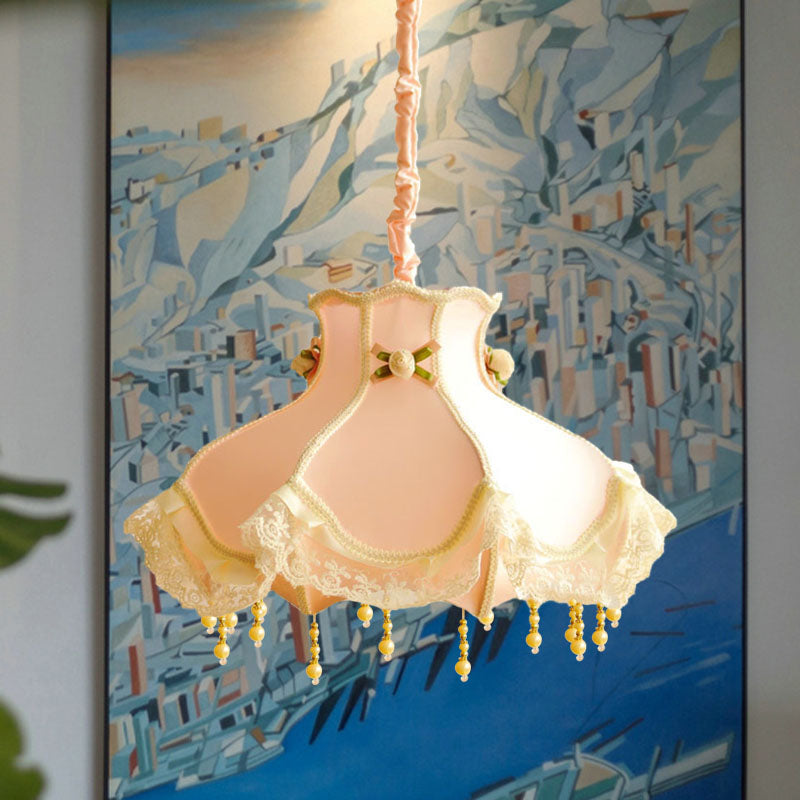 Princess Dress Fabric Hanging Light Kid 1 Head White/Pink Ceiling Pendant with Lace Flounce-Trim Clearhalo 'Ceiling Lights' 'Pendant Lights' 'Pendants' Lighting' 863608