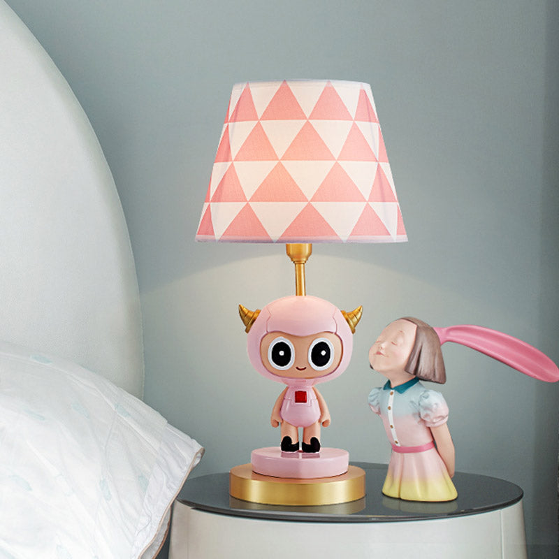 Cartoon Cow Boy Resin Night Lamp 1-Light Table Lighting with Triangle Print Shade in Pink/Blue Clearhalo 'Lamps' 'Table Lamps' Lighting' 863682