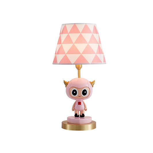 Cartoon Cow Boy Resin Night Lamp 1-Light Table Lighting with Triangle Print Shade in Pink/Blue Clearhalo 'Lamps' 'Table Lamps' Lighting' 863683