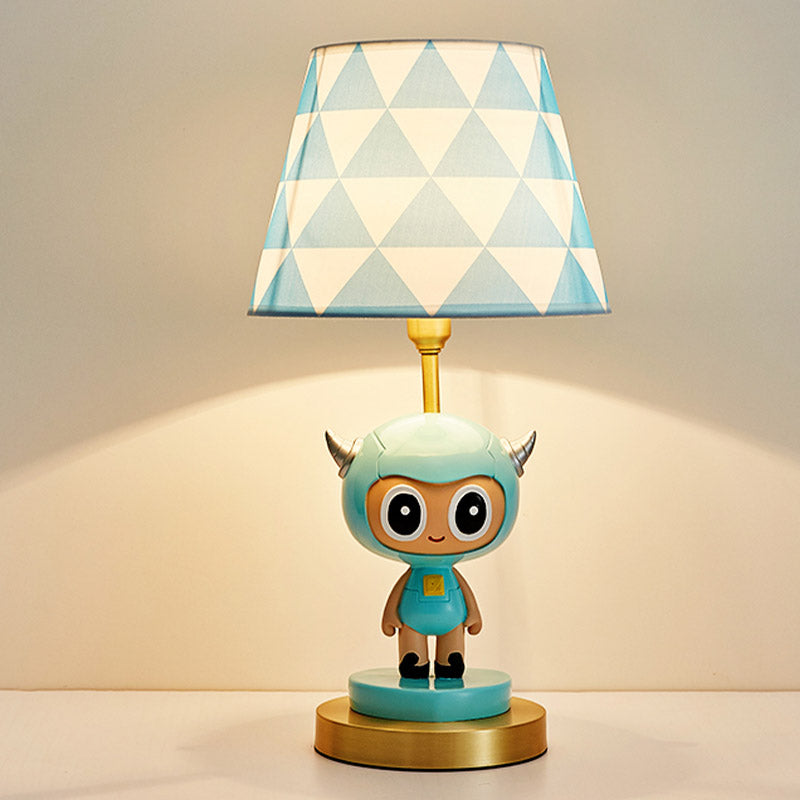 Cartoon Cow Boy Resin Night Lamp 1-Light Table Lighting with Triangle Print Shade in Pink/Blue Blue Clearhalo 'Lamps' 'Table Lamps' Lighting' 863685