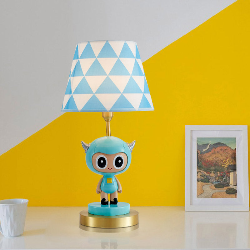 Cartoon Cow Boy Resin Night Lamp 1-Light Table Lighting with Triangle Print Shade in Pink/Blue Clearhalo 'Lamps' 'Table Lamps' Lighting' 863686