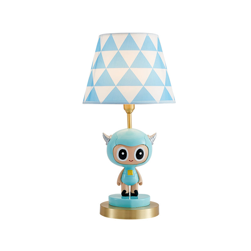 Cartoon Cow Boy Resin Night Lamp 1-Light Table Lighting with Triangle Print Shade in Pink/Blue Clearhalo 'Lamps' 'Table Lamps' Lighting' 863688