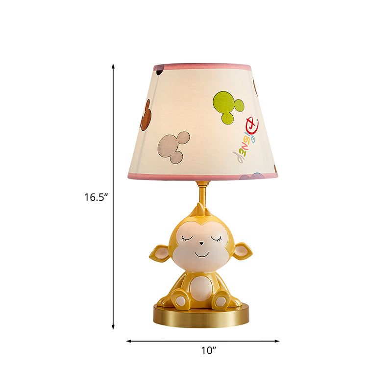Cone Printed Fabric Nightstand Light Cartoon 1 Head White Table Lamp with Gold Monkey Base Clearhalo 'Lamps' 'Table Lamps' Lighting' 863692