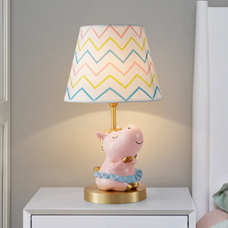 Pink Horse Table Light Cartoon 1 Bulb Resin Night Stand Lamp with Wave-Printed Fabric Lampshade Pink Clearhalo 'Lamps' 'Table Lamps' Lighting' 863693