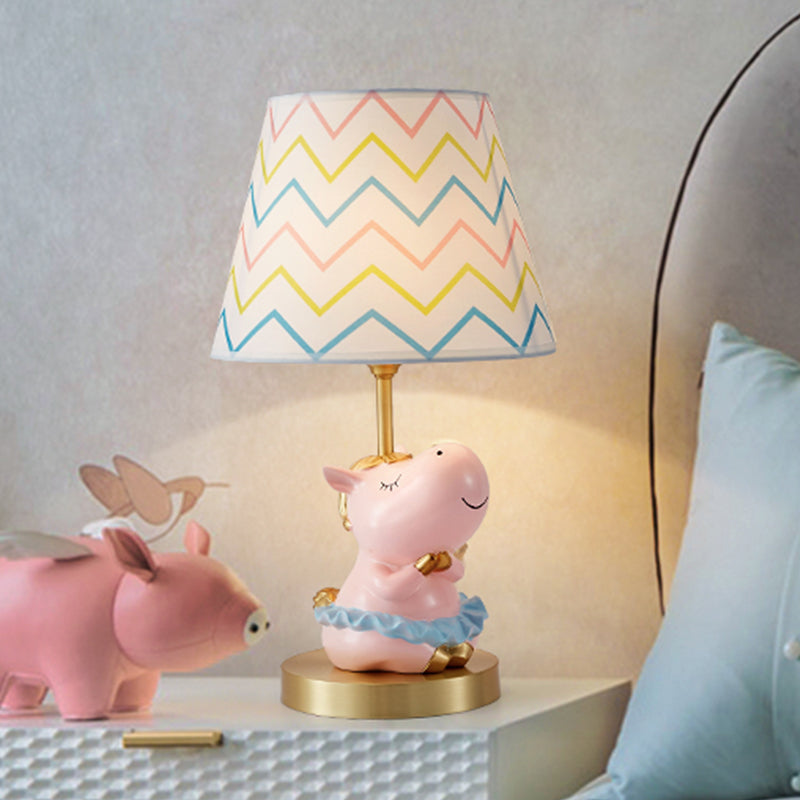 Pink Horse Table Light Cartoon 1 Bulb Resin Night Stand Lamp with Wave-Printed Fabric Lampshade Clearhalo 'Lamps' 'Table Lamps' Lighting' 863694