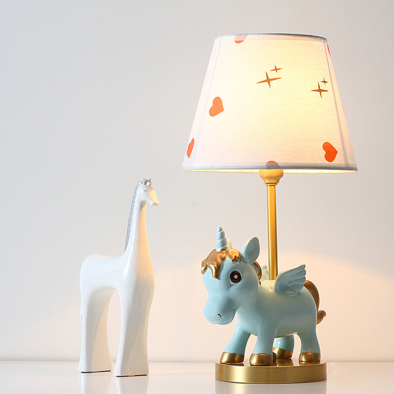 Cone Shade Night Light Kids Print Fabric 1 Bulb Pink/Blue Table Lighting with Unicorn Base Clearhalo 'Lamps' 'Table Lamps' Lighting' 863711