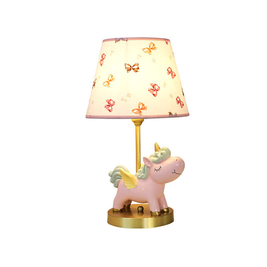 Resin Flying Horse Table Lamp Kids 1 Head Nightstand Light in Pink/Blue with Printed Fabric Shade Clearhalo 'Lamps' 'Table Lamps' Lighting' 863723