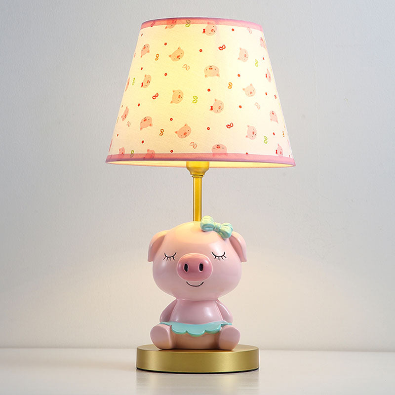 Print Fabric Tapered Table Lamp Cartoon 1-Light Blue/Pink Nightstand Light with Pig Pedestal Pink Clearhalo 'Lamps' 'Table Lamps' Lighting' 863737