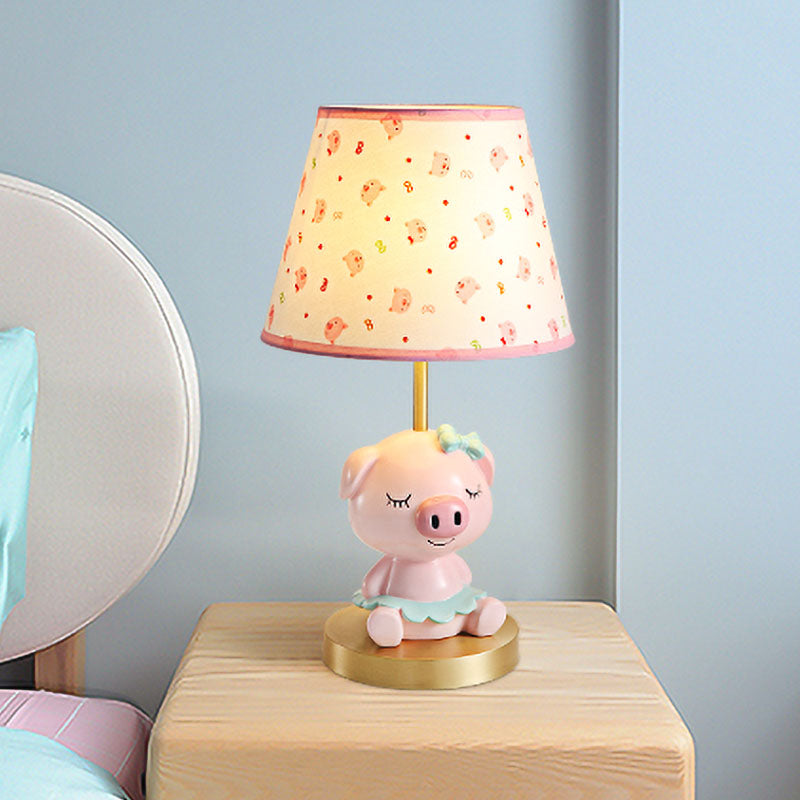Print Fabric Tapered Table Lamp Cartoon 1-Light Blue/Pink Nightstand Light with Pig Pedestal Clearhalo 'Lamps' 'Table Lamps' Lighting' 863738