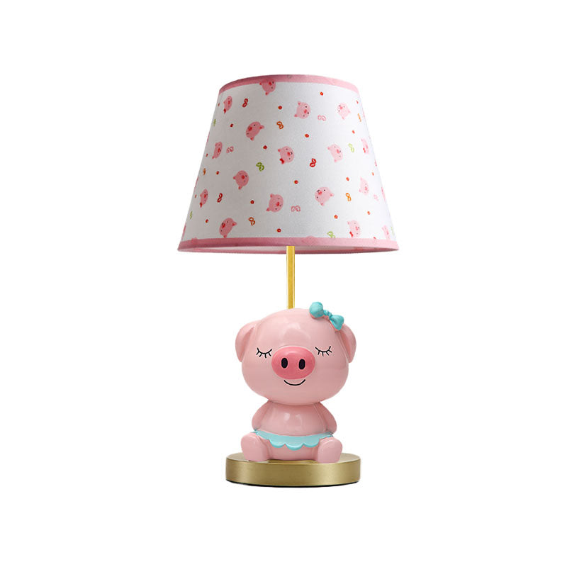 Print Fabric Tapered Table Lamp Cartoon 1-Light Blue/Pink Nightstand Light with Pig Pedestal Clearhalo 'Lamps' 'Table Lamps' Lighting' 863739