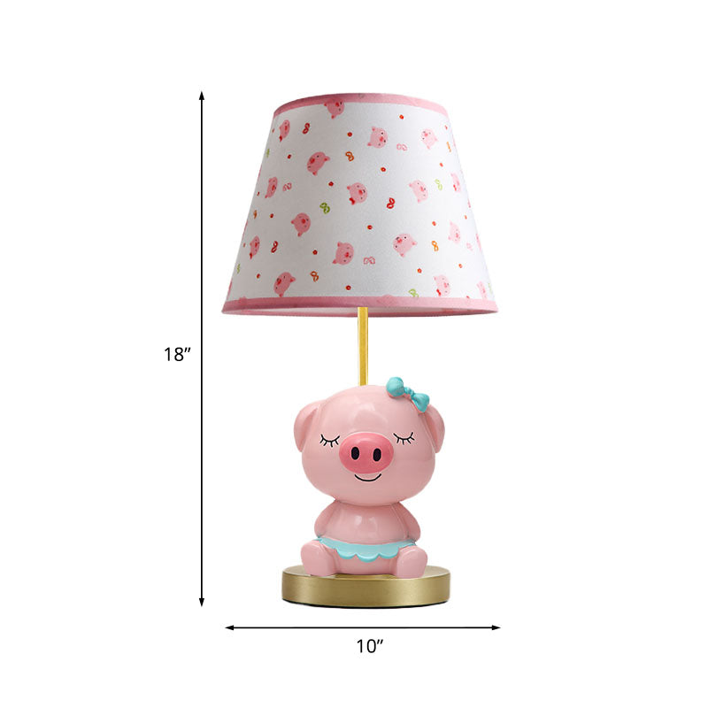 Print Fabric Tapered Table Lamp Cartoon 1-Light Blue/Pink Nightstand Light with Pig Pedestal Clearhalo 'Lamps' 'Table Lamps' Lighting' 863740