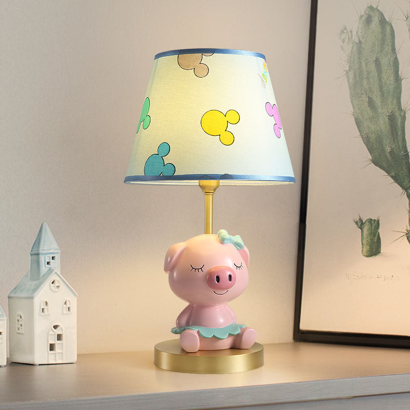 Print Fabric Tapered Table Lamp Cartoon 1-Light Blue/Pink Nightstand Light with Pig Pedestal Blue Clearhalo 'Lamps' 'Table Lamps' Lighting' 863741
