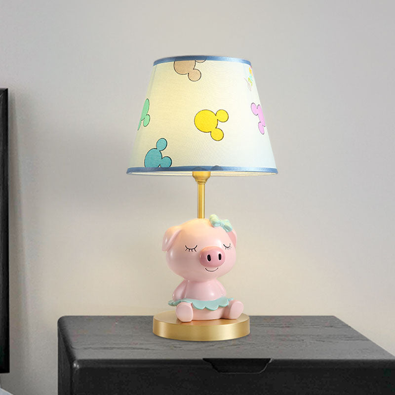 Print Fabric Tapered Table Lamp Cartoon 1-Light Blue/Pink Nightstand Light with Pig Pedestal Clearhalo 'Lamps' 'Table Lamps' Lighting' 863742