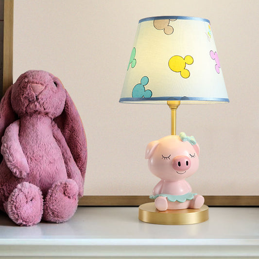 Print Fabric Tapered Table Lamp Cartoon 1-Light Blue/Pink Nightstand Light with Pig Pedestal Clearhalo 'Lamps' 'Table Lamps' Lighting' 863743