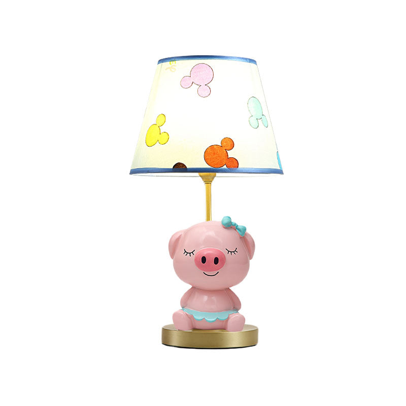 Print Fabric Tapered Table Lamp Cartoon 1-Light Blue/Pink Nightstand Light with Pig Pedestal Clearhalo 'Lamps' 'Table Lamps' Lighting' 863744
