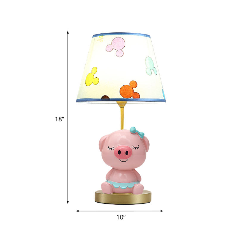 Print Fabric Tapered Table Lamp Cartoon 1-Light Blue/Pink Nightstand Light with Pig Pedestal Clearhalo 'Lamps' 'Table Lamps' Lighting' 863745