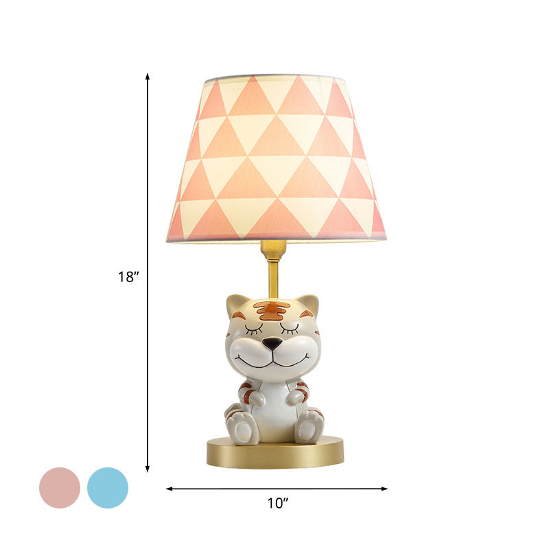 Conical Triangle-Print Fabric Table Light Kids Single Bulb Pink/Blue Night Stand Lamp with Resin Tiger Base Clearhalo 'Lamps' 'Table Lamps' Lighting' 863749