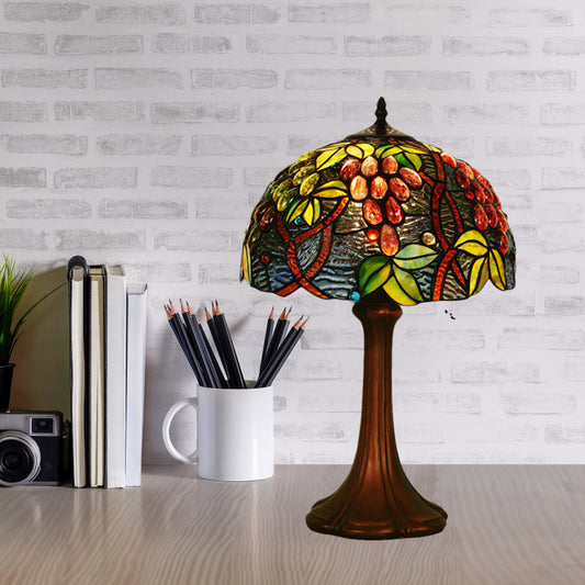 Coffee Half-Globe Table Lamp Tiffany Style 1-Light Stained Glass Nightstand Light with Fruit Pattern Coffee Clearhalo 'Lamps' 'Table Lamps' Lighting' 863774