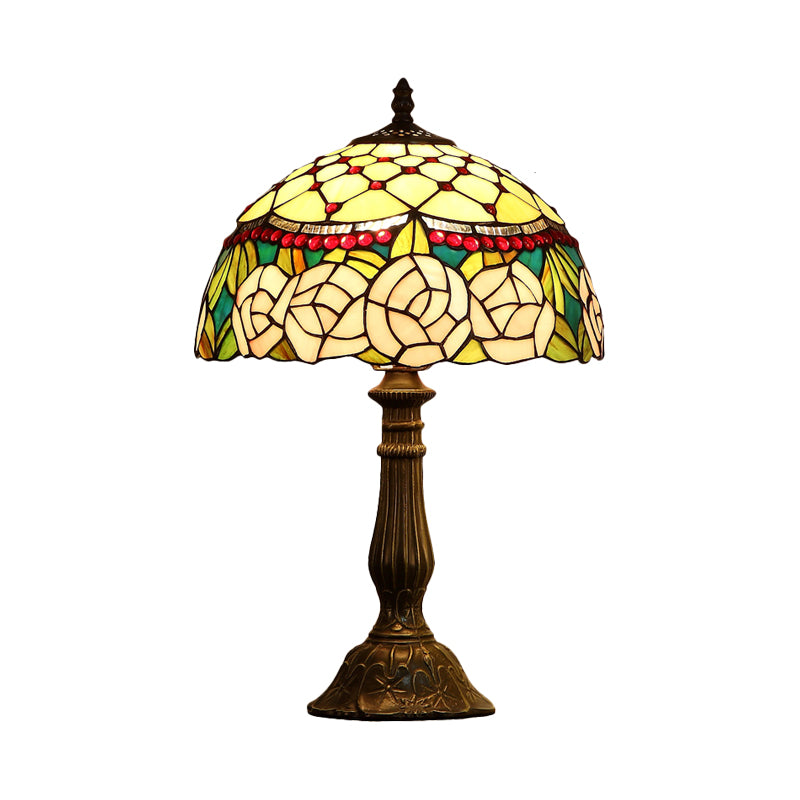 Single Living Room Nightstand Lamp Baroque Bronze Table Light with Beaded Roseborder Stained Glass Shade Clearhalo 'Lamps' 'Table Lamps' Lighting' 863792