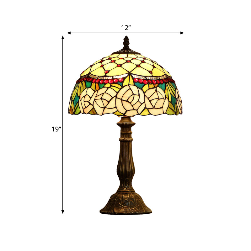 Single Living Room Nightstand Lamp Baroque Bronze Table Light with Beaded Roseborder Stained Glass Shade Clearhalo 'Lamps' 'Table Lamps' Lighting' 863793