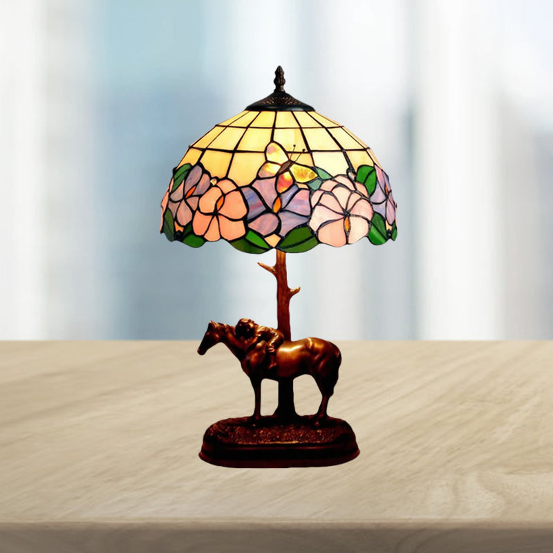 Tiffany Butterfly-In-Flowers Night Lamp Single-Bulb Gridded Stained Glass Table Lighting in Coffee Clearhalo 'Lamps' 'Table Lamps' Lighting' 863847