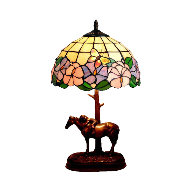 Tiffany Butterfly-In-Flowers Night Lamp Single-Bulb Gridded Stained Glass Table Lighting in Coffee Clearhalo 'Lamps' 'Table Lamps' Lighting' 863848