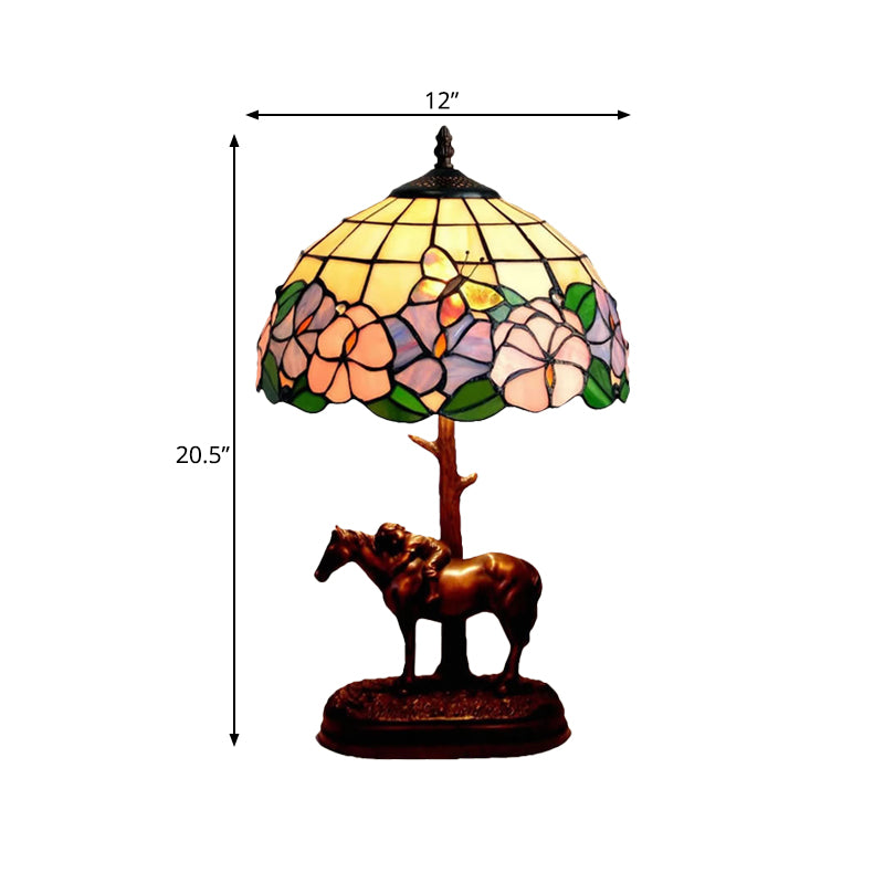 Tiffany Butterfly-In-Flowers Night Lamp Single-Bulb Gridded Stained Glass Table Lighting in Coffee Clearhalo 'Lamps' 'Table Lamps' Lighting' 863849