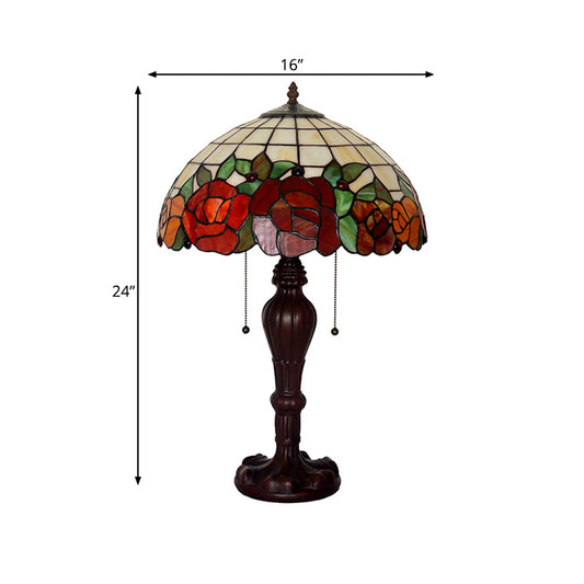 Rose-Edge Gridded Night Lamp 2-Light Stained Glass Tiffany Table Lighting with On Off Pull Chain in Coffee Clearhalo 'Lamps' 'Table Lamps' Lighting' 863885