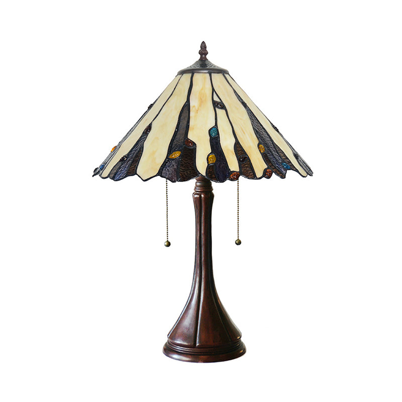 Coffee Cone Shade Table Light Mission 2 Heads Cut Glass Night Stand Lamp with Pull Chain Clearhalo 'Lamps' 'Table Lamps' Lighting' 863888