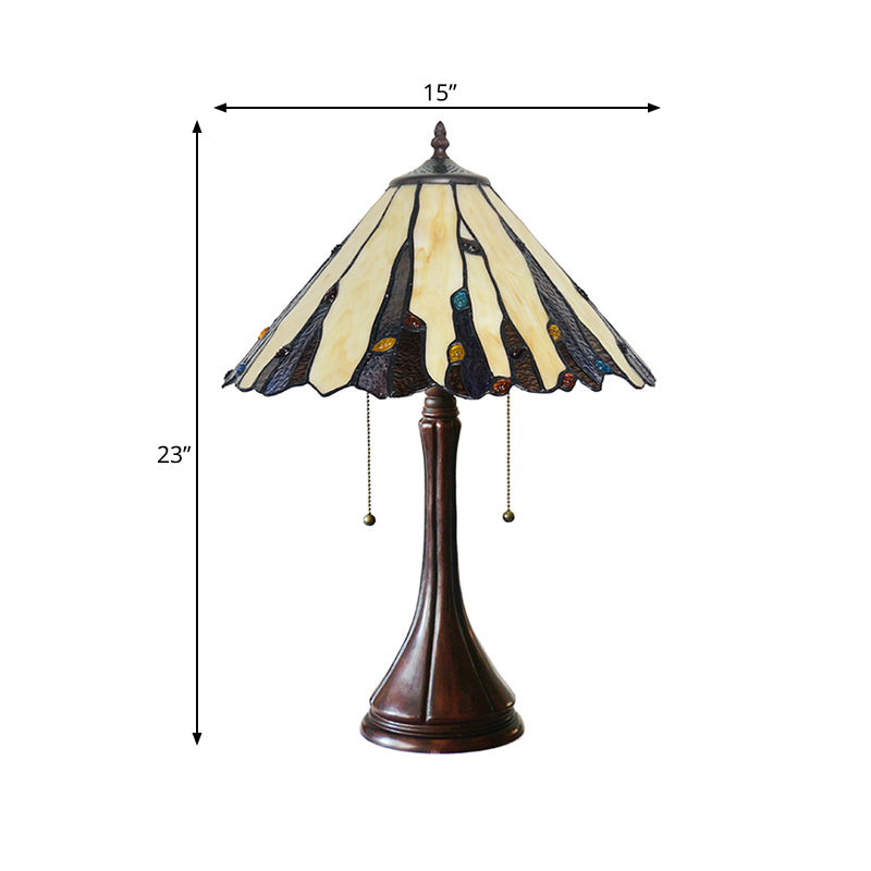 Coffee Cone Shade Table Light Mission 2 Heads Cut Glass Night Stand Lamp with Pull Chain Clearhalo 'Lamps' 'Table Lamps' Lighting' 863889