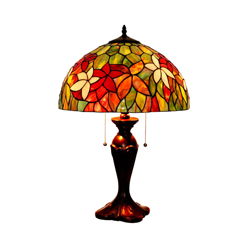 2 Bulbs Pull-Chain Nightstand Light Tiffany Bowl Stained Floral Glass Table Lamp in Bronze Clearhalo 'Lamps' 'Table Lamps' Lighting' 863903