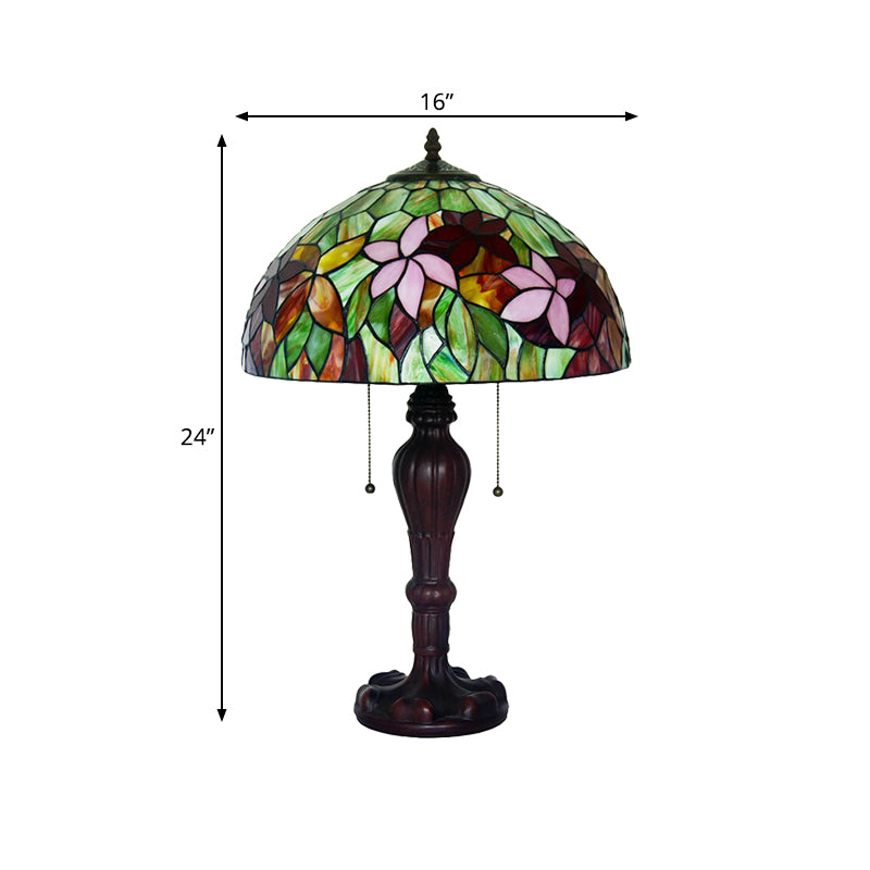 2 Bulbs Pull-Chain Nightstand Light Tiffany Bowl Stained Floral Glass Table Lamp in Bronze Clearhalo 'Lamps' 'Table Lamps' Lighting' 863905