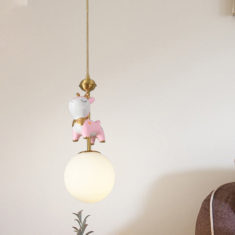 Resin Sika Deer Pendulum Light Cartoon 1 Bulb Blue/Pink-White/Blue-White Hanging Pendant with Ball Opal/Stained Glass Shade Pink-White Clearhalo 'Ceiling Lights' 'Pendant Lights' 'Pendants' Lighting' 863922_572ef3c8-597d-4c59-80b6-258b33ecebba