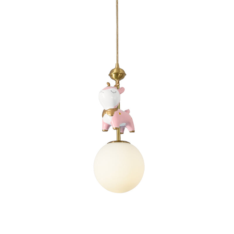 Resin Sika Deer Pendulum Light Cartoon 1 Bulb Blue/Pink-White/Blue-White Hanging Pendant with Ball Opal/Stained Glass Shade Clearhalo 'Ceiling Lights' 'Pendant Lights' 'Pendants' Lighting' 863924