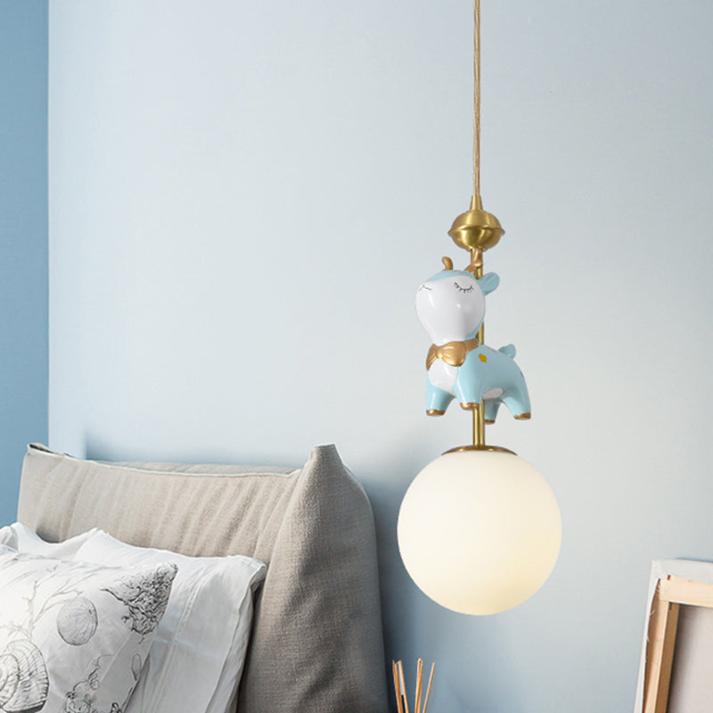 Resin Sika Deer Pendulum Light Cartoon 1 Bulb Blue/Pink-White/Blue-White Hanging Pendant with Ball Opal/Stained Glass Shade Blue-White Clearhalo 'Ceiling Lights' 'Pendant Lights' 'Pendants' Lighting' 863926_705af12d-1931-495f-90e9-f1cb46bfb4b5