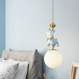 Resin Sika Deer Pendulum Light Cartoon 1 Bulb Blue/Pink-White/Blue-White Hanging Pendant with Ball Opal/Stained Glass Shade Clearhalo 'Ceiling Lights' 'Pendant Lights' 'Pendants' Lighting' 863926