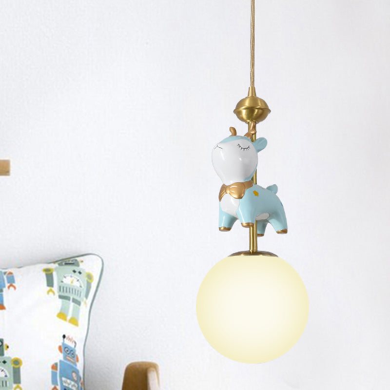 Resin Sika Deer Pendulum Light Cartoon 1 Bulb Blue/Pink-White/Blue-White Hanging Pendant with Ball Opal/Stained Glass Shade Clearhalo 'Ceiling Lights' 'Pendant Lights' 'Pendants' Lighting' 863927